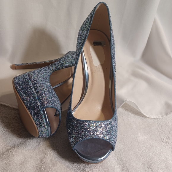 New Qupid 5.5 multi blue glitter platform peeptoe heels - Picture 4 of 6